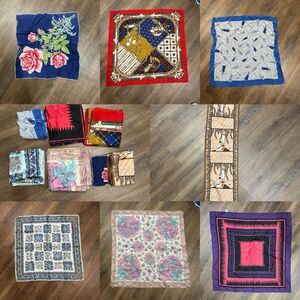 Women's Scarves Lot of 7 Few Silk Violin Aztec Asian Bit Bridle Bonnet Floral